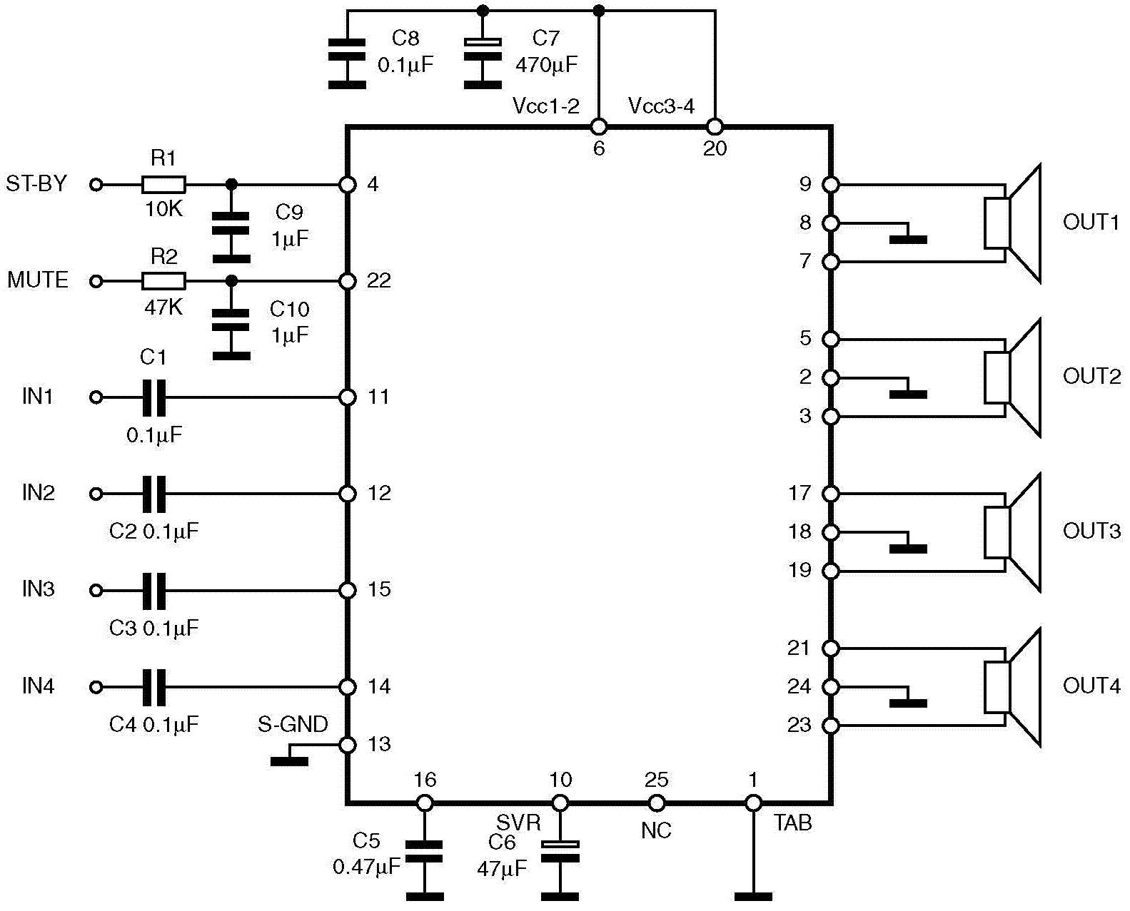 Микросхема SSM2164P, SSM2116S четырехканальный усилитель - справочник, характеристики, цоколевка и схема
