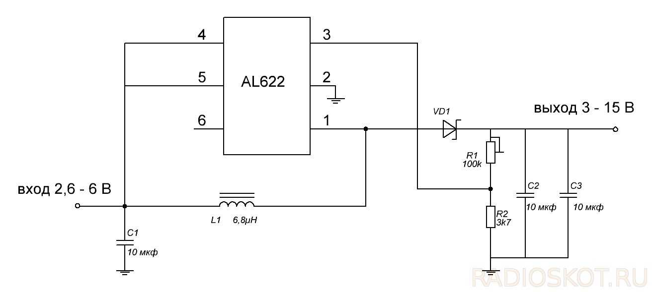 Принципиальная схема самодельного импульсного DC-DC преобразователя напряжения для получения 1-15В из 3В при выходном токе до 50мА, выполнена на микросхеме TL499A