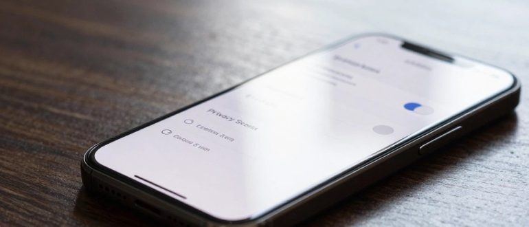 Смартфон с открытым меню настроек конфиденциальности на рабочем столе