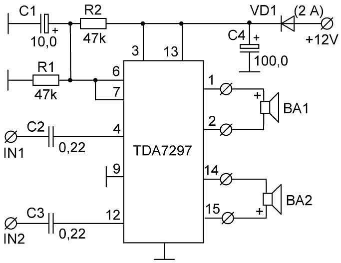 Схема усилителя на микросхеме tda7269 (2х10вт), tda7269a (2x14вт)
