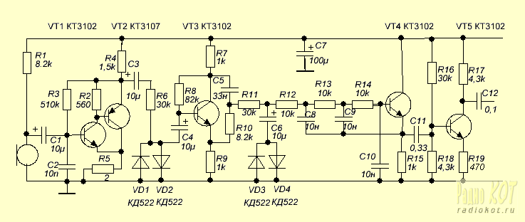 Схема предварительного гитарного усилителя на полевых транзисторах.