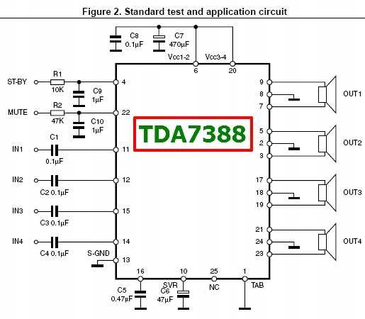 Схема четырехканального усилителя мощности низкой частоты класса Hi-Fi на микросхеме TDA7384Q