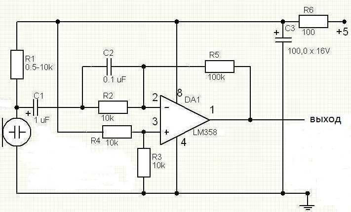 Микрофонный усилитель на операционном усилителе схема